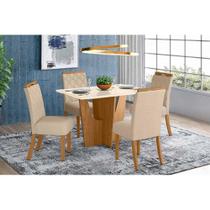 Conjunto: Mesa de Cozinha Vértice Tampo Madeirado c/ Vidro Canto Reto 120x80cm e 4 Cadeiras Bella Nature/Linho - Henn