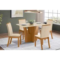 Conjunto: Mesa de Cozinha Vértice Tampo Madeirado c/ Vidro Canto Reto 120x80cm e 4 Cadeiras Isa Nature/Linho - Henn