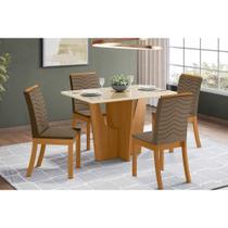 Conjunto: Mesa de Cozinha Vértice Tampo Madeirado c/ Vidro Canto Reto 120x80cm e 4 Cadeiras Isa Nature/Suede Light Bege - Henn