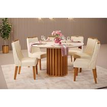 Conjunto: Mesa de Cozinha Viena c/ Tampo Madeirado c/ Vidro 136x136cm e 6 Cadeiras Bia Cedro/Off White - Linho Neve - DJ Móveis Conjunto: Mesa de Cozinha Viena c/ Tampo Madeirado c/ Vidro 136x136cm e 6 Cadeiras Bia Cedro/Off White - Linho Neve - DJ Móveis