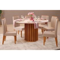 Conjunto: Mesa de Cozinha Viena Tampo Madeirado c/ Vidro 136cm e 6 Cadeiras Lia Freijo/Off White - Suede Kraft - DJ Móveis