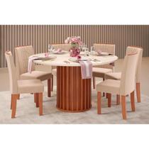 Conjunto: Mesa de Cozinha Viena Tampo Madeirado c/ Vidro 136cm e 6 Cadeiras Zoe Freijo/Off White - Suede Creme - DJ Móveis