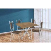 Conjunto: Mesa de Cozinha Volga c/ Tampo de Madeira 90cm e 4 Cadeiras Florença Cromado/Nogueira - Marrom - Kappesberg Conjunto: Mesa de Cozinha Volga c/ Tampo de Madeira 90cm e 4 Cadeiras Florença Cromado/Nogueira - Marrom - Kappesberg