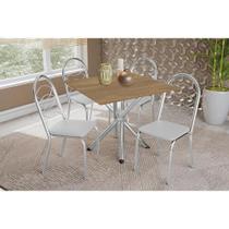 Conjunto: Mesa de Cozinha Volga c/ Tampo de Madeira 90cm e 4 Cadeiras Holanda Cromado/Nogueira - Branco - Kappesberg