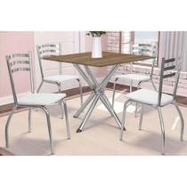 Conjunto: Mesa de Cozinha Volga c/ Tampo de Madeira 90cm e 4 Cadeiras Portugal Cromado/Nogueira - Branco - Kappesberg