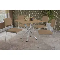 Conjunto: Mesa de Cozinha Volga c/ Tampo de Madeira 90cm e 4 Cadeiras Zaria Cromada/Nogueira - Suede Bege - Kappesberg