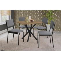 Conjunto: Mesa de Cozinha Volga c/ Tampo de Madeira 90cm e 4 Cadeiras Zaria Preto/Nogueira - Suede Cinza - Kappesberg