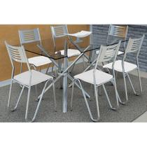 Conjunto: Mesa de Cozinha Volga c/ Tampo de Vidro 140cm + 6 Cadeiras Nápoles Cromada/Branco - Kappesberg