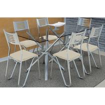 Conjunto: Mesa de Cozinha Volga c/ Tampo de Vidro 140cm + 6 Cadeiras Nápoles Cromada/Nude - Kappesberg