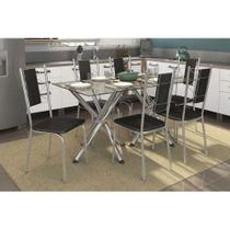 Conjunto: Mesa de Cozinha Volga c/ Tampo de Vidro 150cm + 6 Cadeiras Lisboa Cromada - Assento Preto - Kappesberg