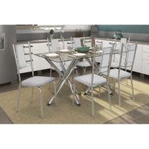Conjunto: Mesa de Cozinha Volga c/ Tampo de Vidro 150cm + 6 Cadeiras Lisboa Cromada/Branco - Kappesberg Conjunto: Mesa de Cozinha Volga c/ Tampo de Vidro 150cm + 6 Cadeiras Lisboa Cromada/Branco - Kappesberg