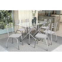 Conjunto: Mesa de Cozinha Volga c/ Tampo de Vidro 150cm + 6 Cadeiras Portugal Cromada/Branco - Kappesberg