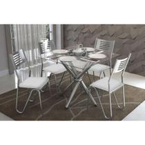 Conjunto: Mesa de Cozinha Volga c/ Tampo de Vidro 90cm+4 Cadeiras Nápoles Cromado/Branco - Kappesberg