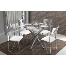 Conjunto: Mesa de Cozinha Volga c/ Tampo de Vidro 90cm+4 Cadeiras Nápoles Cromado/Branco - Kappesberg