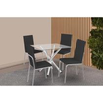 Conjunto: Mesa de Cozinha Volga c/ Tampo de Vidro 90cm e 4 Cadeiras Amsterdã Cromada - Courano Preto - Kappesberg