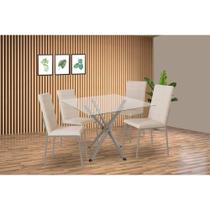 Conjunto: Mesa de Cozinha Volga c/ Tampo de Vidro 90cm e 4 Cadeiras Amsterdã Niquel - Courano Bege - Kappesberg