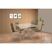 Conjunto: Mesa de Cozinha Volga c/ Tampo de Vidro 90cm e 4 Cadeiras Amsterdã Niquel - Courano Capuccino - Kappesberg