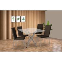 Conjunto: Mesa de Cozinha Volga c/ Tampo de Vidro 90cm e 4 Cadeiras Amsterdã Niquel - Courano Marrom - Kappesberg Conjunto: Mesa de Cozinha Volga c/ Tampo de Vidro 90cm e 4 Cadeiras Amsterdã Niquel - Courano Marrom - Kappesberg