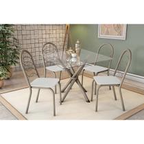 Conjunto: Mesa de Cozinha Volga c/ Tampo de Vidro 90cm e 4 Cadeiras Holanda Niquel - Courano Branco - Kappesberg