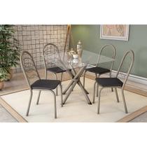 Conjunto: Mesa de Cozinha Volga c/ Tampo de Vidro 90cm e 4 Cadeiras Holanda Niquel - Courano Preto - Kappesberg