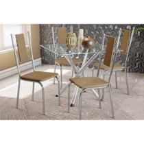 Conjunto: Mesa de Cozinha Volga c/ Tampo de Vidro 90cm e 4 Cadeiras Lisboa Cromada - Capuccino - Kappesberg