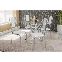 Conjunto: Mesa de Cozinha Volga c/ Tampo de Vidro 90cm e 4 Cadeiras Lisboa Cromada - Courano Branco - Kappesberg Conjunto: Mesa de Cozinha Volga c/ Tampo de Vidro 90cm e 4 Cadeiras Lisboa Cromada - Courano Branco - Kappesberg