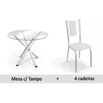 Conjunto: Mesa de Cozinha Volga c/ Tampo de Vidro 95cm + 4 Cadeiras Lisboa Cromada/Branco - Kappesberg