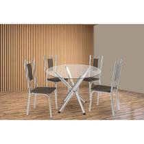 Conjunto: Mesa de Cozinha Volga c/ Tampo de Vidro 95cm e 4 Cadeiras Florença Cromada - Courano Marrom - Kappesberg Conjunto: Mesa de Cozinha Volga c/ Tampo de Vidro 95cm e 4 Cadeiras Florença Cromada - Courano Marrom - Kappesberg