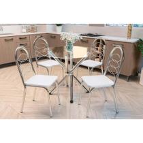 Conjunto: Mesa de Cozinha Volga c/ Tampo de Vidro 95cm e 4 Cadeiras Holanda Cromada - Courano Branco - Kappesberg