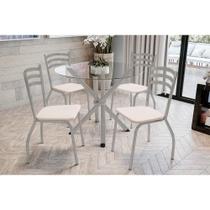 Conjunto: Mesa de Cozinha Volga c/ Tampo de Vidro 95cm e 4 Cadeiras Portugal Niquel - Courano Bege - Kappesberg Conjunto: Mesa de Cozinha Volga c/ Tampo de Vidro 95cm e 4 Cadeiras Portugal Niquel - Courano Bege - Kappesberg