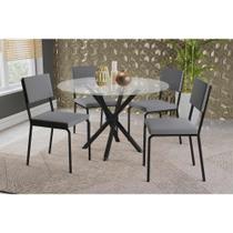 Conjunto: Mesa de Cozinha Volga c/ Tampo de Vidro 95cm e 4 Cadeiras Zaria Preto - Suede Cinza - Kappesberg