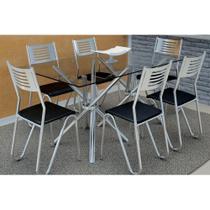Conjunto: Mesa de Cozinha Volga c/ Tampo Vidro 150cm + 6 Cadeiras Nápoles Cromada/Preto - Kappesberg