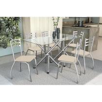 Conjunto: Mesa de Cozinha Volga c/ Tampo Vidro 150cm + 6 Cadeiras Portugal Cromada/Nude - Kappesberg