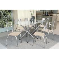 Conjunto: Mesa de Cozinha Volga c/ Tampo Vidro 150cm + 6 Cadeiras Portugal Cromada/Nude - Kappesberg Conjunto: Mesa de Cozinha Volga c/ Tampo Vidro 150cm + 6 Cadeiras Portugal Cromada/Nude - Kappesberg
