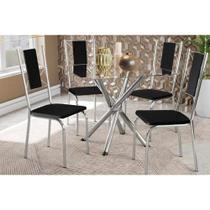 Conjunto: Mesa de Cozinha Volga c/ Tampo Vidro 90cm + 4 Cadeiras Lisboa Cromado/Preto - Kappesberg Conjunto: Mesa de Cozinha Volga c/ Tampo Vidro 90cm + 4 Cadeiras Lisboa Cromado/Preto - Kappesberg