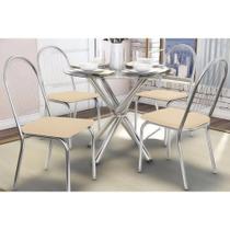 Conjunto: Mesa de Cozinha Volga c/ Tampo Vidro 95cm + 4 Cadeiras Noruega Cromada/Nude - Kappesberg