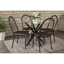 Conjunto: Mesa de Cozinha Volga c/ Tampo Vidro 95cm + 4 Cadeiras Noruega Preto Fosco/Marrom - Kappesberg Conjunto: Mesa de Cozinha Volga c/ Tampo Vidro 95cm + 4 Cadeiras Noruega Preto Fosco/Marrom - Kappesberg