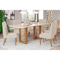 Conjunto: Mesa de Cozinha Yara c/ Tampo Madeirado c/ Vidro Curvo 200x90cm e 6 Cadeiras Eloa Nature/Suede Light Linho - Henn