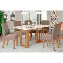 Conjunto: Mesa de Cozinha Yara c/ Tampo Madeirado c/ Vidro Reto 160x90cm e 6 Cadeiras Malu Nature/Suede Light Marrom Amendoa - Henn