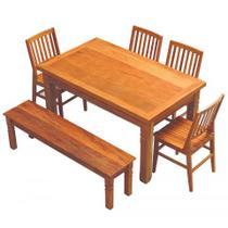 Conjunto Mesa de Jantar 1.5m 1 Banco 4 Cadeiras Conforto Madeira de Demolição Peroba Rosa Natural