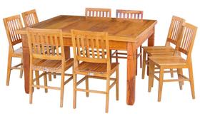 Conjunto Mesa de Jantar 1.5x1.5m 8 Cadeiras Conforto Madeira de Demolição Peroba Rosa Natural