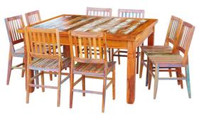 Conjunto Mesa de Jantar 1.5x1.5m 8 Cadeiras Conforto Madeira de Demolição Peroba Rosa Patina