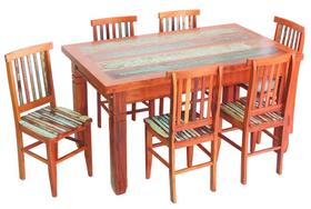 Conjunto Mesa de Jantar 1,5 M 6 Cadeiras Mineira Madeira de Demolição com Pátina