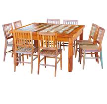 Conjunto Mesa de Jantar 1,5x1,5m com 8 Cadeiras Conforto Madeira Demolição Peroba Rosa Patina