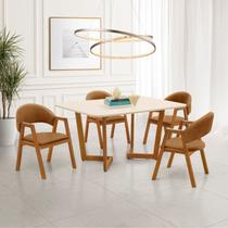 Conjunto Mesa de Jantar 1,60m com Tampo Off-White e 4 Cadeiras em material sintético Caramelo Linha Evo Conjunto Mesa de Jantar 1,60m com Tampo Off-White e 4 Cadeiras em material sintético Caramelo Linha Evo
