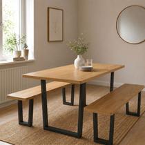 Conjunto Mesa de Jantar 200cm Retangular 2 Bancos em Ferro e Madeira Maciça Savannah Espresso Móveis Marrom/Nogueira/Preto