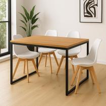 Conjunto Mesa de Jantar 4 Cadeiras Mesa Retangular Madeira com Pés de Ferro e Cadeiras Brancas Estofadas Leda