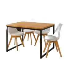 Conjunto Mesa De Jantar 4 Cadeiras Mesa Retangular Madeira Com Pés De Ferro E Cadeiras Brancas Estofadas Leda