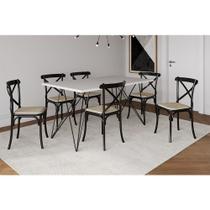 Conjunto Mesa de Jantar 6 Cadeiras Katrina Preto Trama Premium Branco 150 Cm