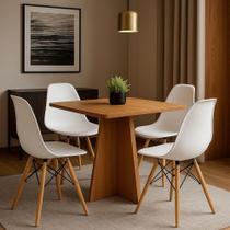 Conjunto Mesa De Jantar 90cm Quadrada Em Madeira+4 Cadeiras Eames Brancas Pés De Madeira Conjunto Mesa De Jantar 90cm Quadrada Em Madeira+4 Cadeiras Eames Brancas Pés De Madeira